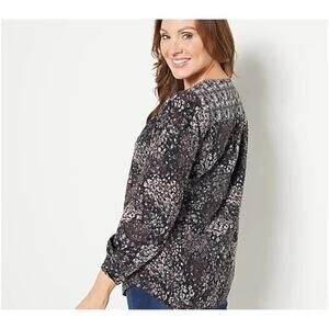 ISAAC MIZRAHI LIVE! NEW $60 Mixed Print Stretch Crepe‎ Blouse Jet Black Size 16